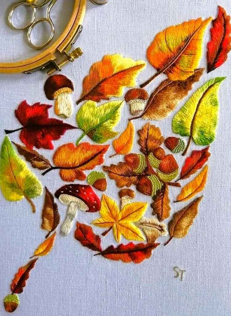 Hand-embroidered spring Leaf Art