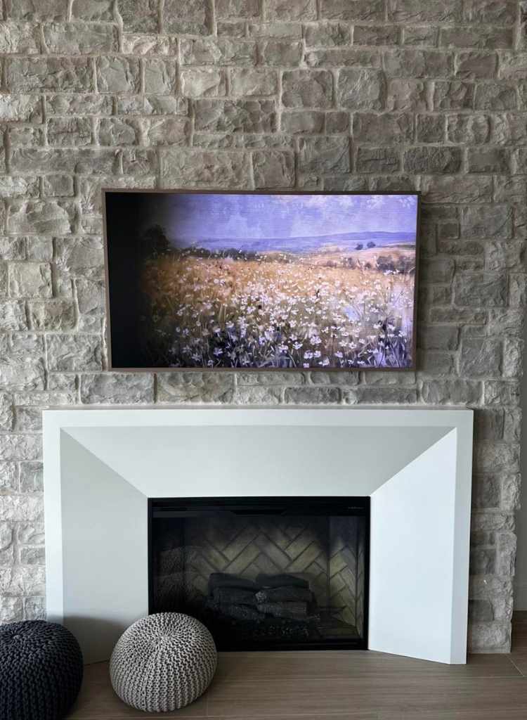 Modern Geometric Fireplace Against Soft Stone
