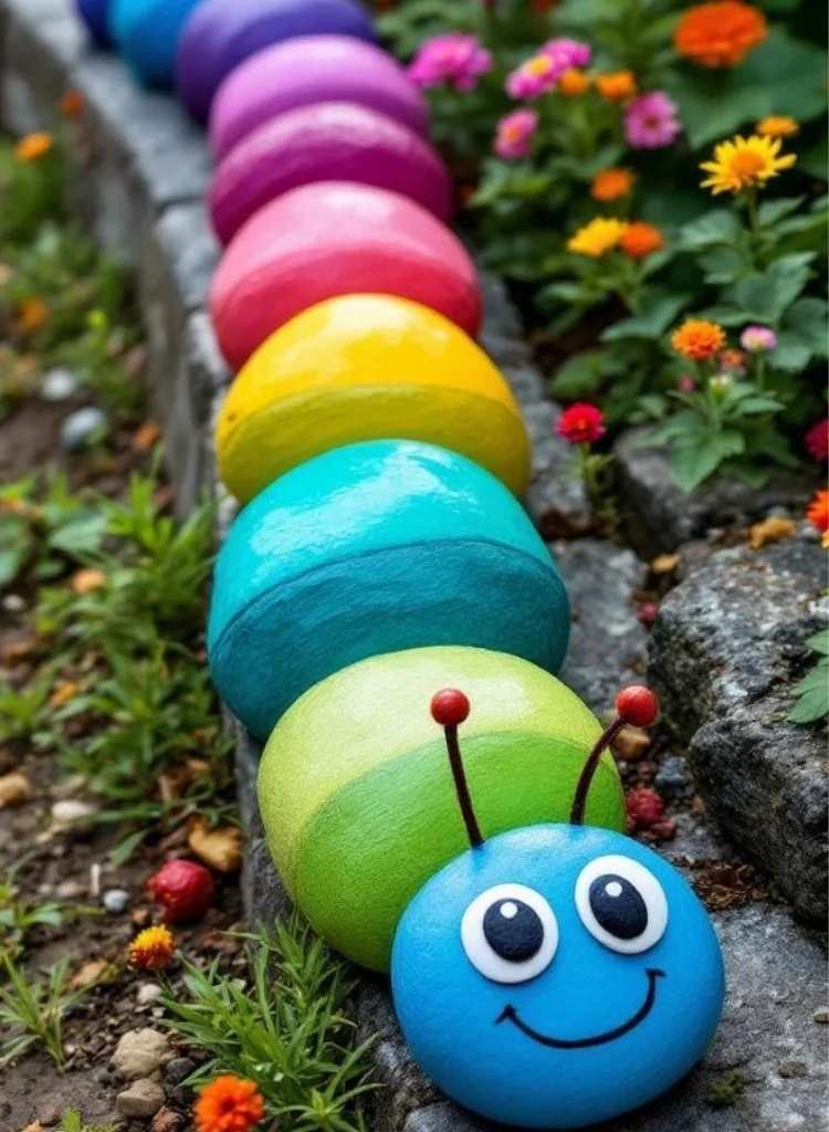 Painted Rock Caterpillar Garden Decor