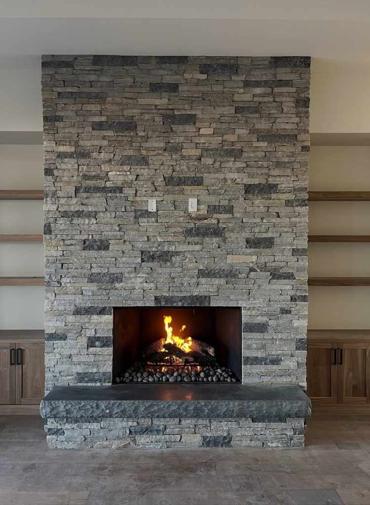 Rustic Stacked-Stone Fireplace