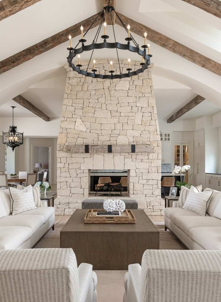 Rustic Stacked-Stone Grand Fireplace