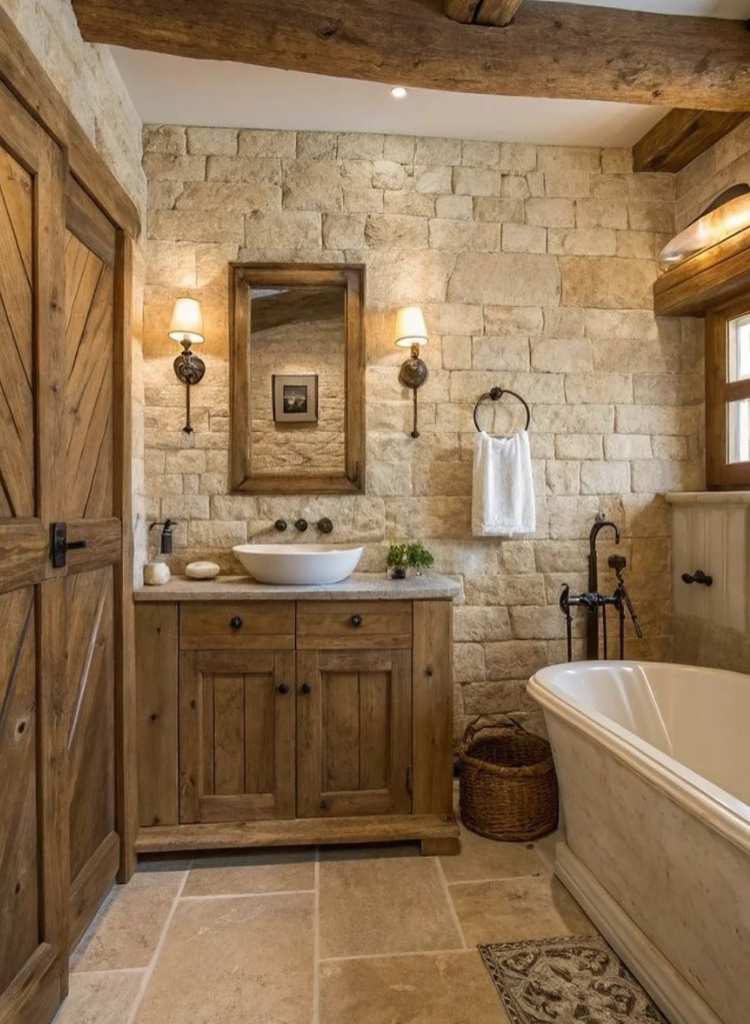 Rustic Stone Farmhouse Bathroom
