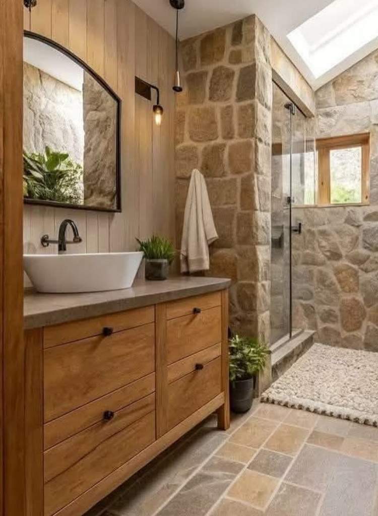 Rustic Stone and Wood Bathroom