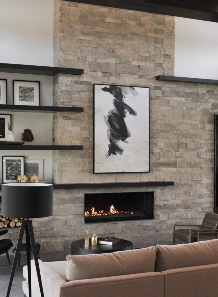 Sleek Linear Stone Fireplace With Modern Art