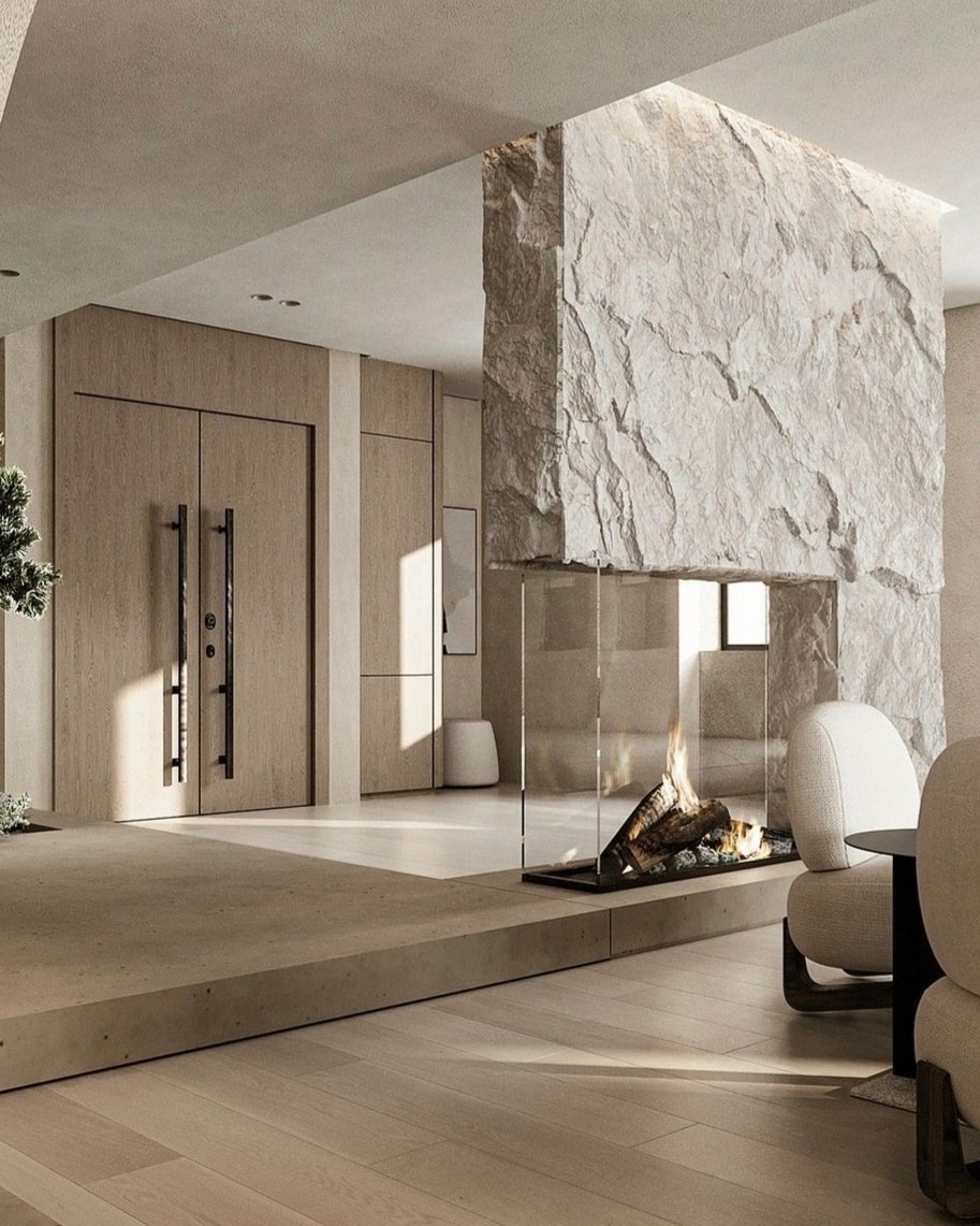 Stone Statement Fireplace With Glass Surround