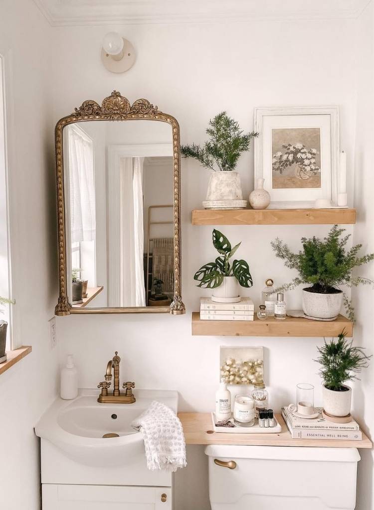 Vintage-Inspired Bathroom with Wooden Shelves
