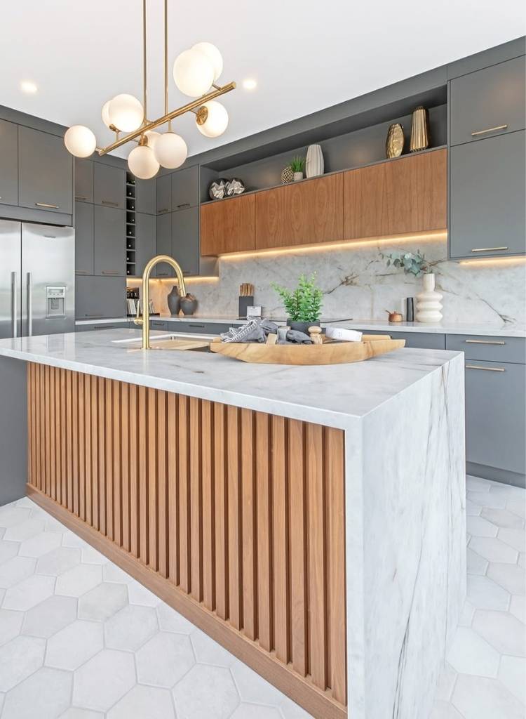Warm Grey & Walnut Modern Neutral Kitchen