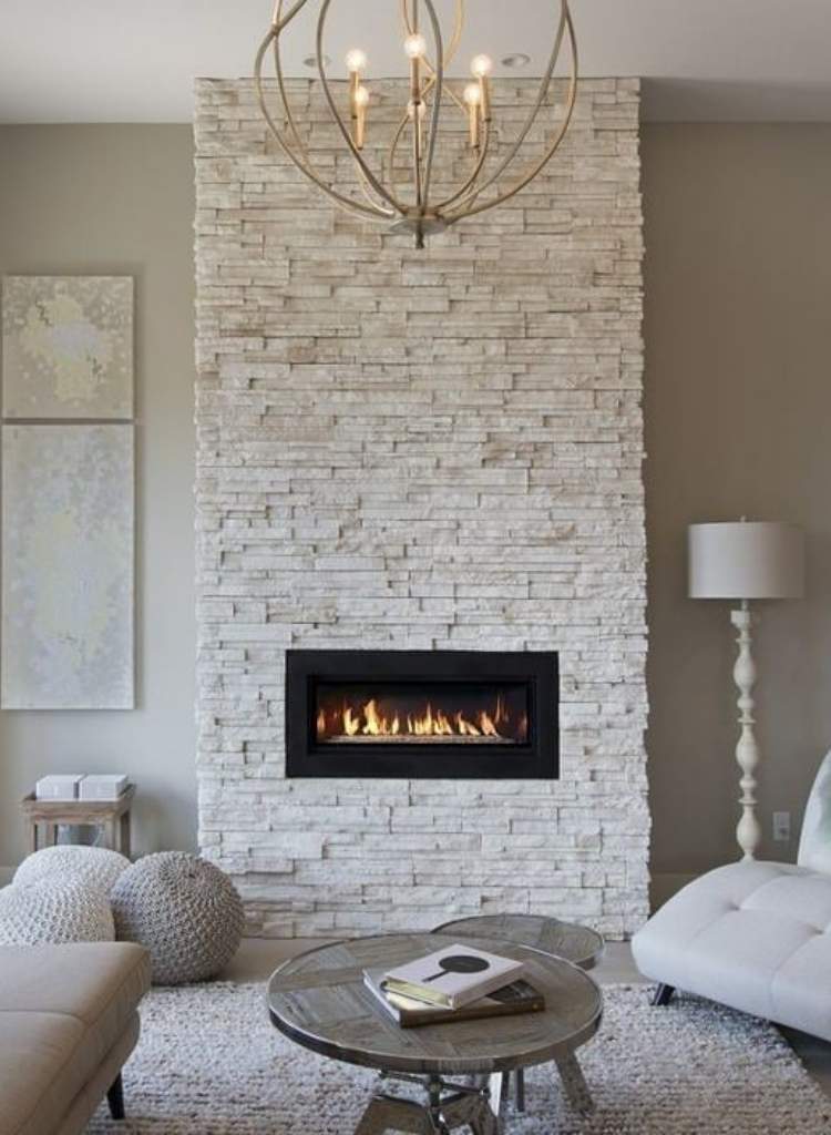 White Stacked-Stone Modern Fireplace