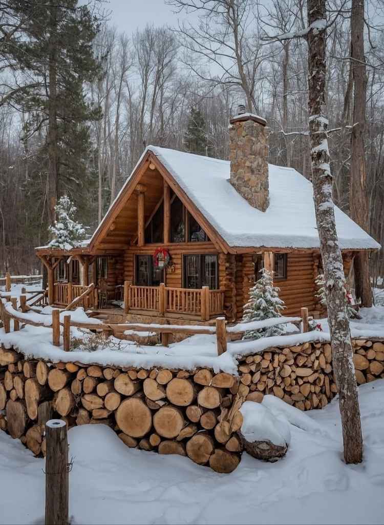 Forest Log Cabin with Winter Woodpile