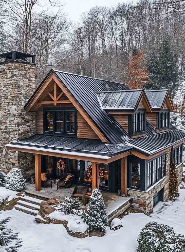 Mountain Stone and Wood Winter Cabin