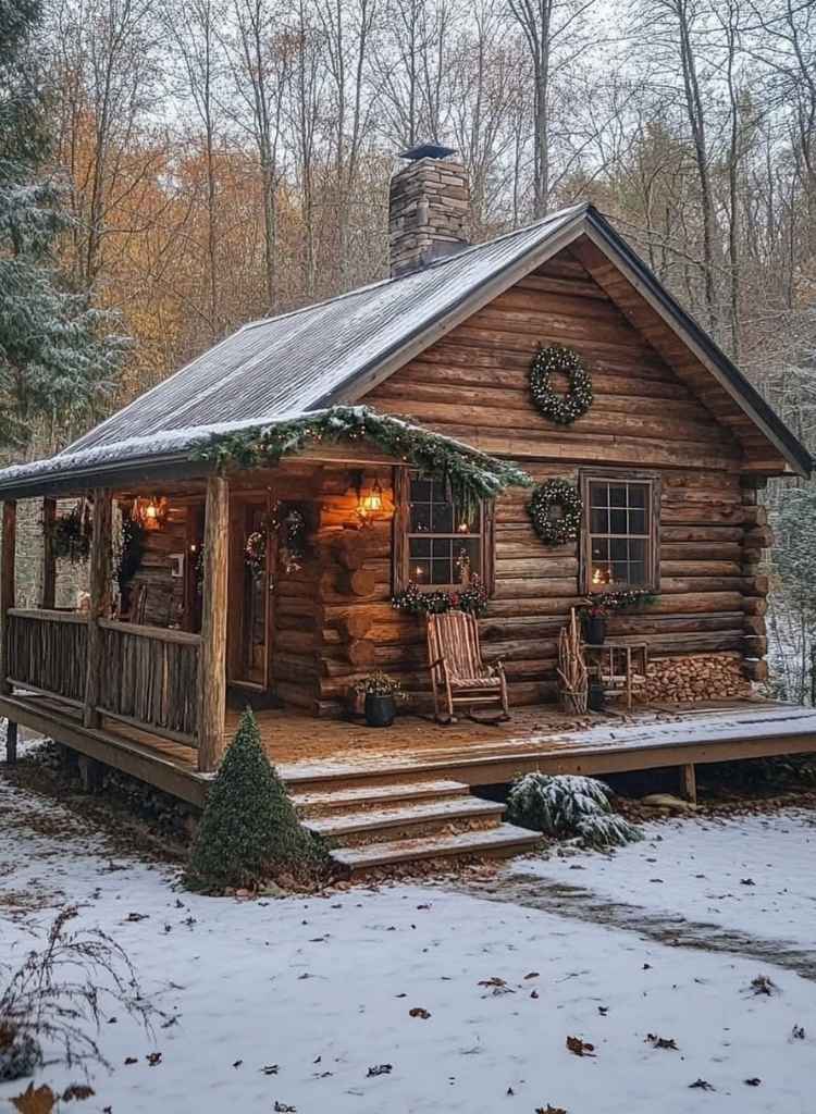Rustic Log Cabin with Winter Porch Charm

