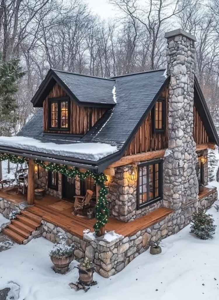 Woodland Stone Cabin with Winter Warmth