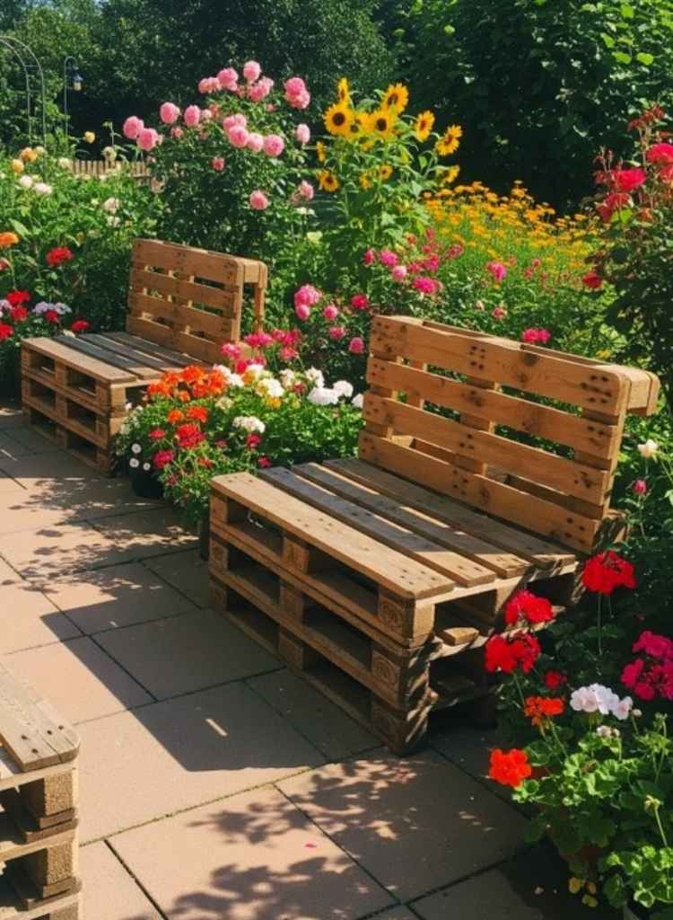 Pallet Bench In Flower Garden