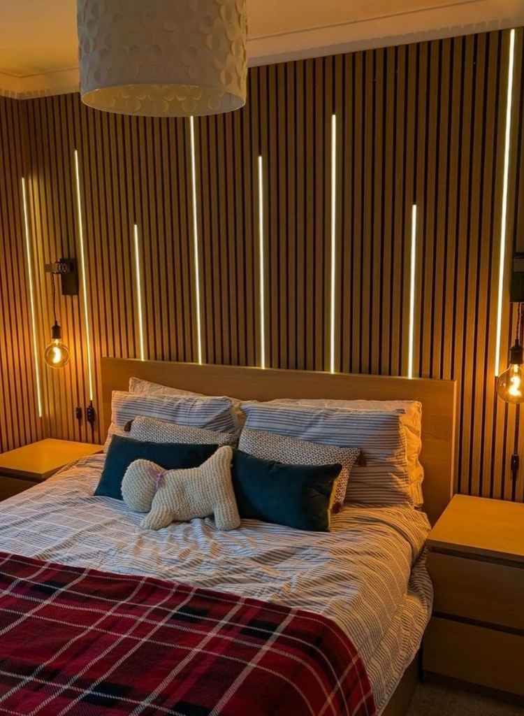 Cozy Bedroom with Wood Slat LED Wall