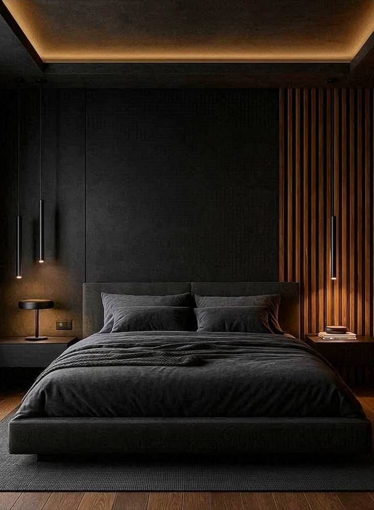Dark Luxury Bedroom with Warm LED Ceiling Glow