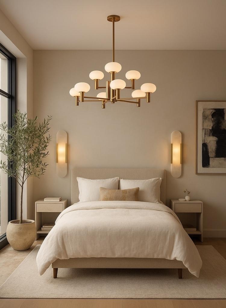 Neutral Bedroom with Brass Chandelier