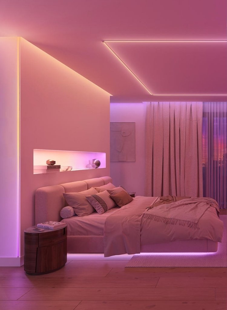 Soft Pink LED Bedroom with Ambient Glow Design