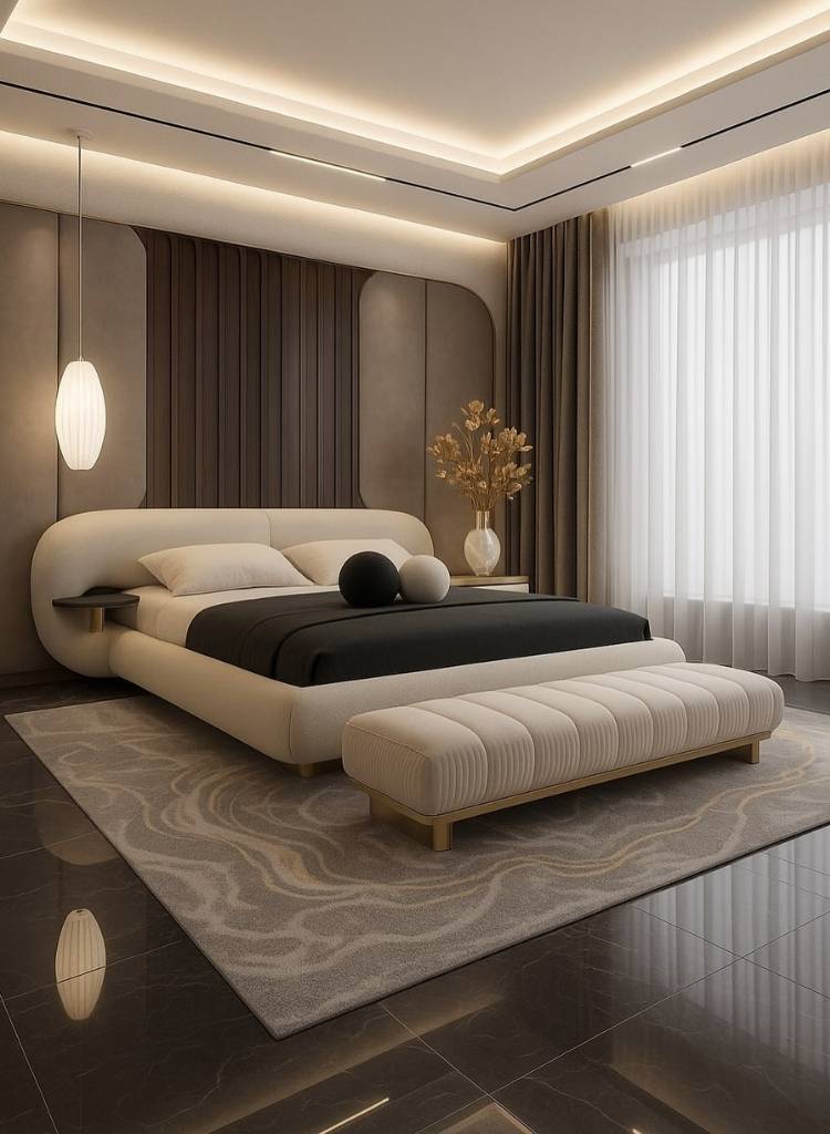 Warm Minimalist Bedroom with Sculptural Bed