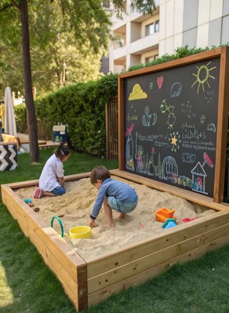 Backyard Sandbox with Chalkboard Wall