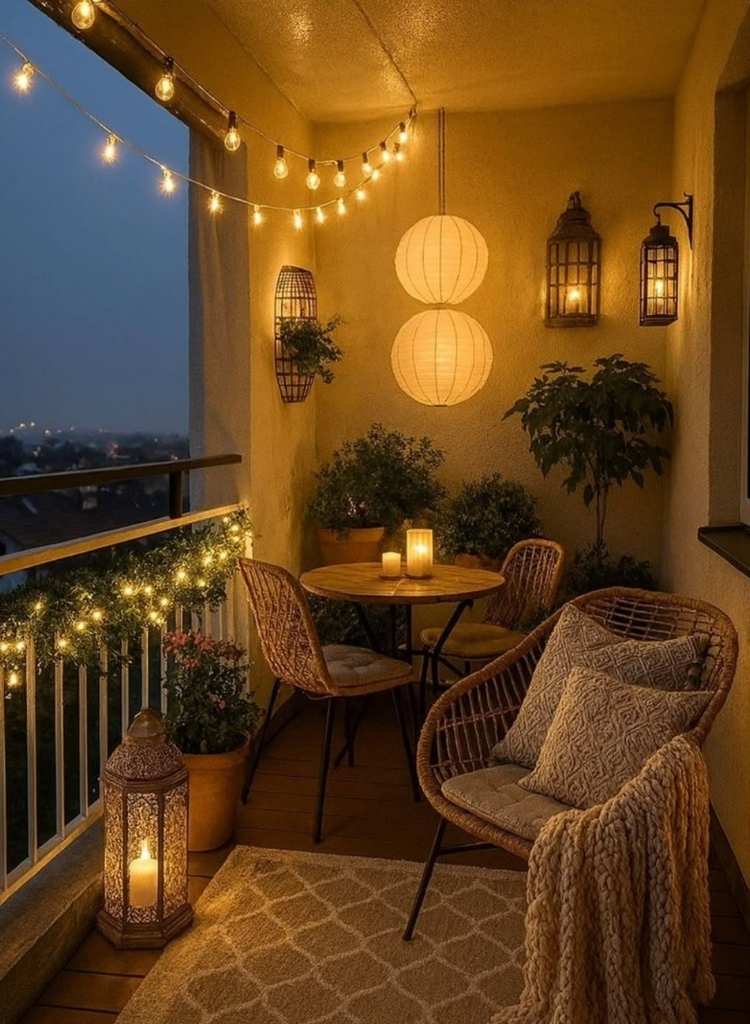 Balcony with Soft Lantern Lighting