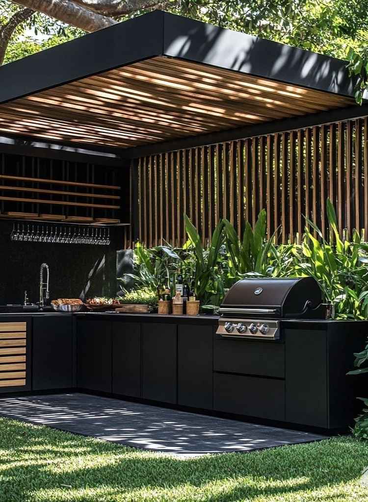 Black Outdoor Kitchen Wood Slat Design