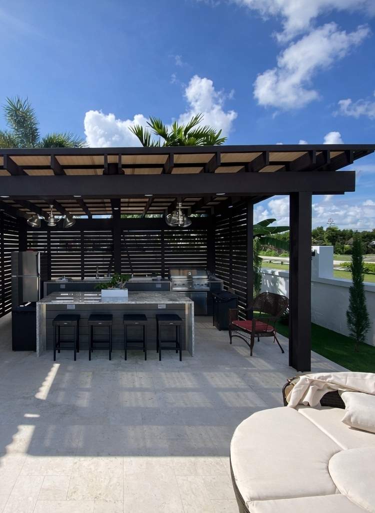 Black Pergola Outdoor Kitchen Marble Bar