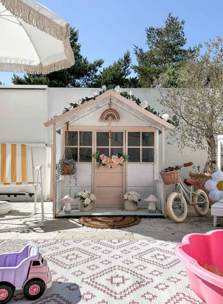 Boho Girls Outdoor Playhouse with Floral Decor