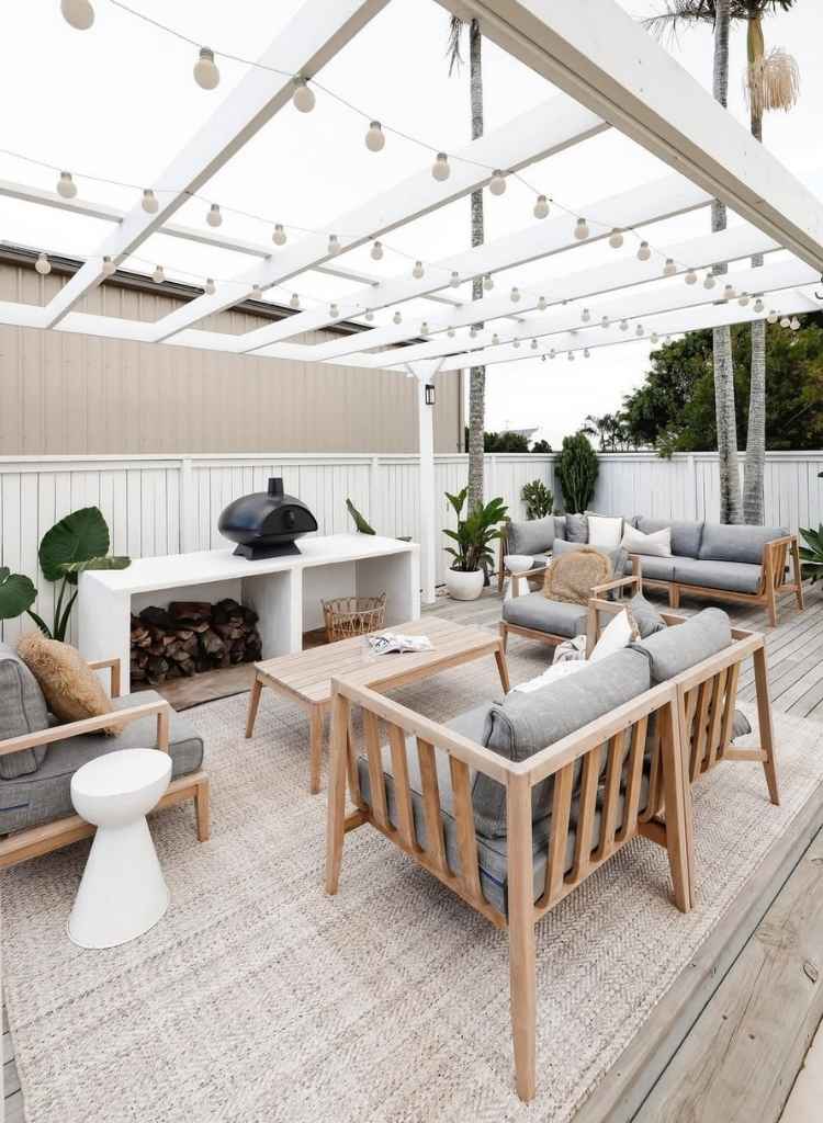Coastal Outdoor Lounge String Light Pergola