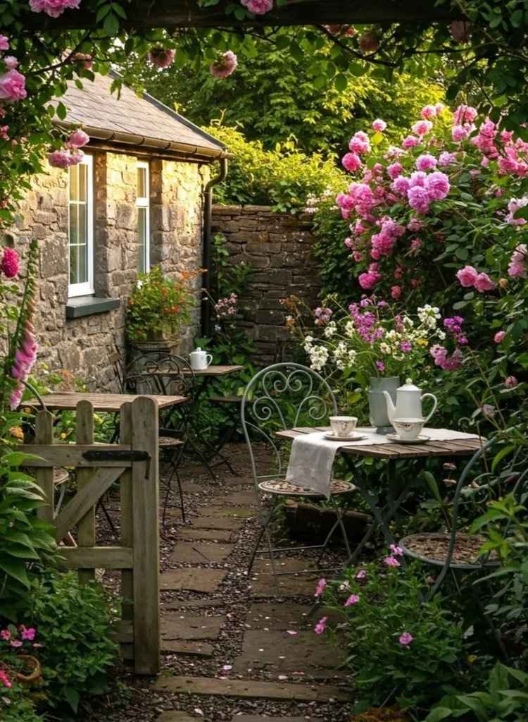 Cozy Cottage Garden Corner with Tea Setup
