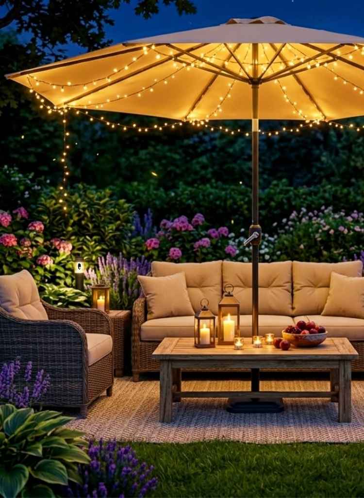 Cozy Outdoor Lounge Under a Lit Umbrella