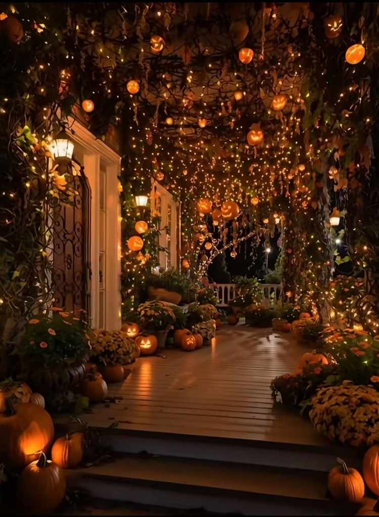 Festive Garden Path with Hanging Lights & Decor