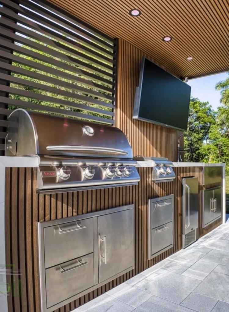 Outdoor Grill Station Wood Slat TV Wall