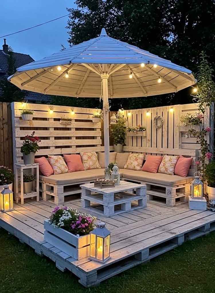 Pallet Seating Under Patio Umbrella