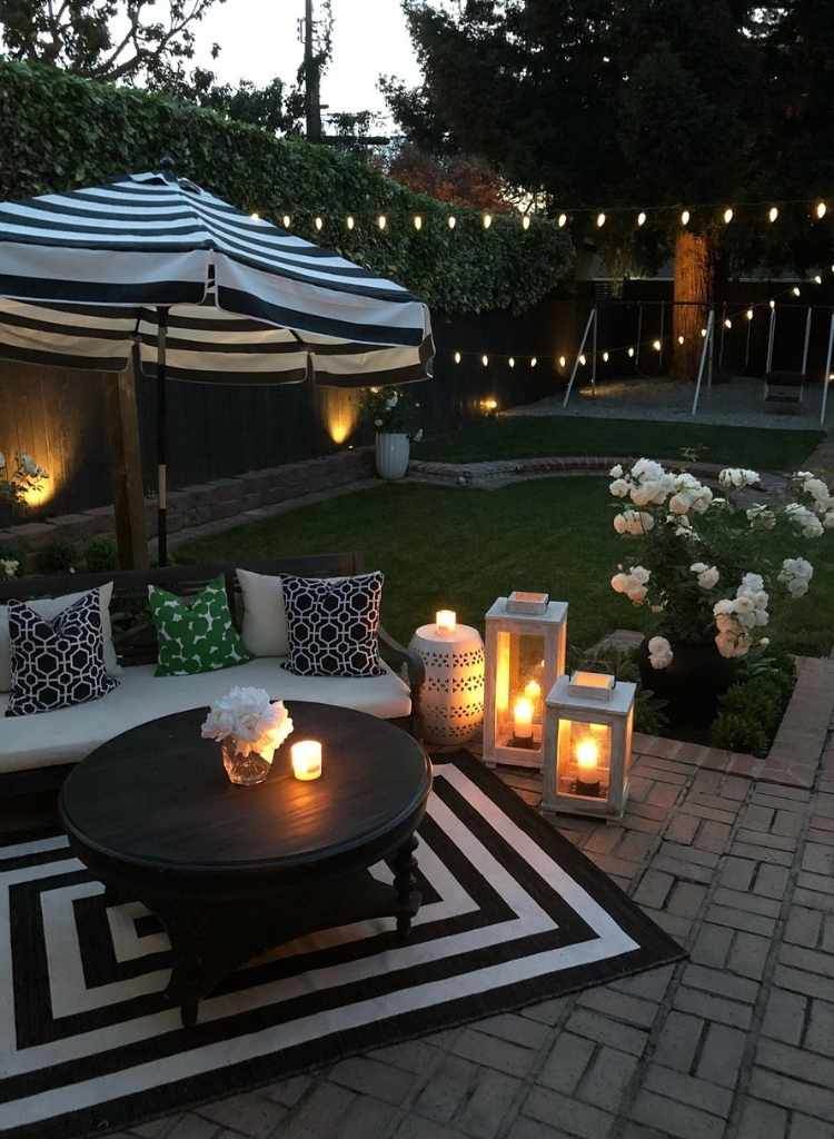 Patio Lounge with Umbrella and Lanterns