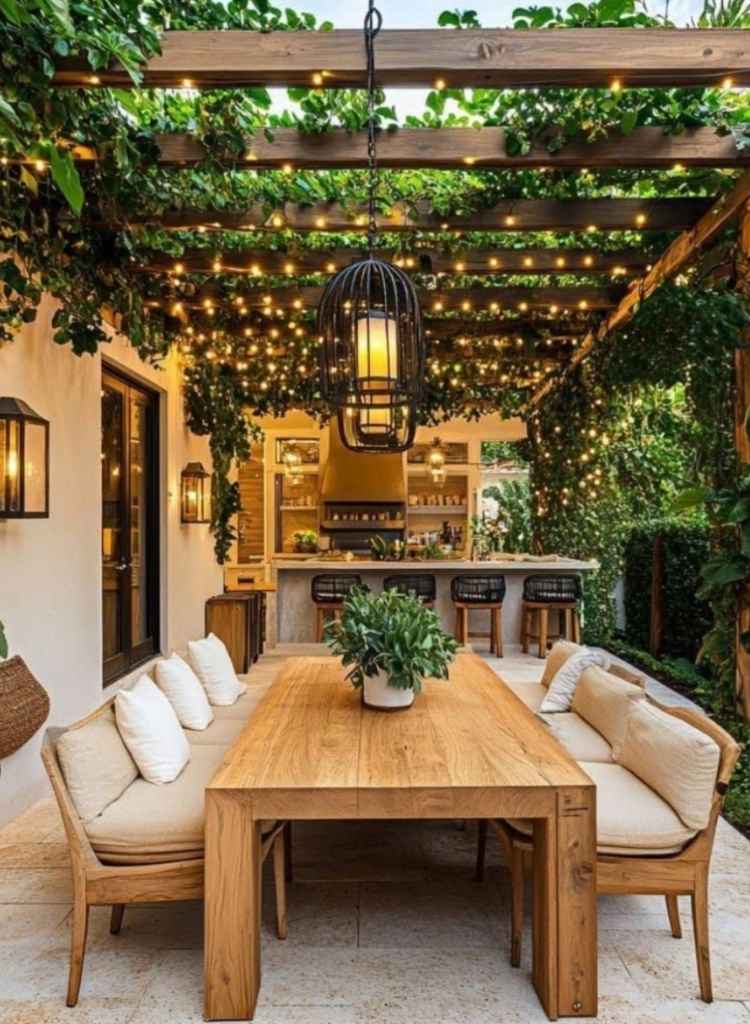Pergola Dining Area with Twinkle Lights