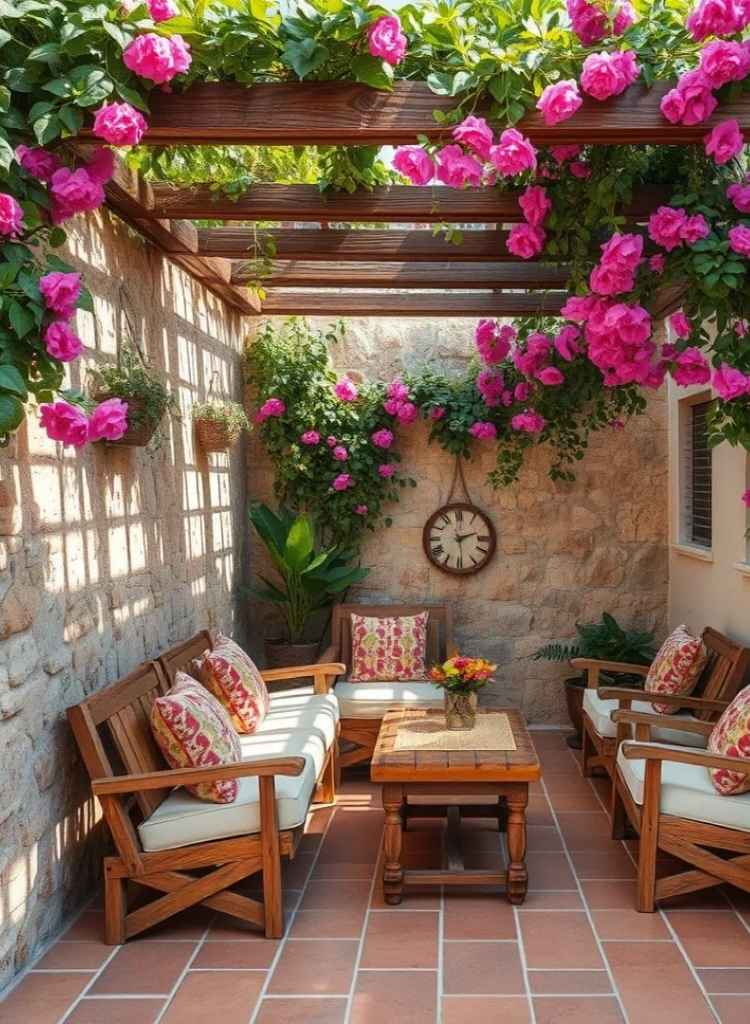Pergola Seating Covered in Blooming Roses