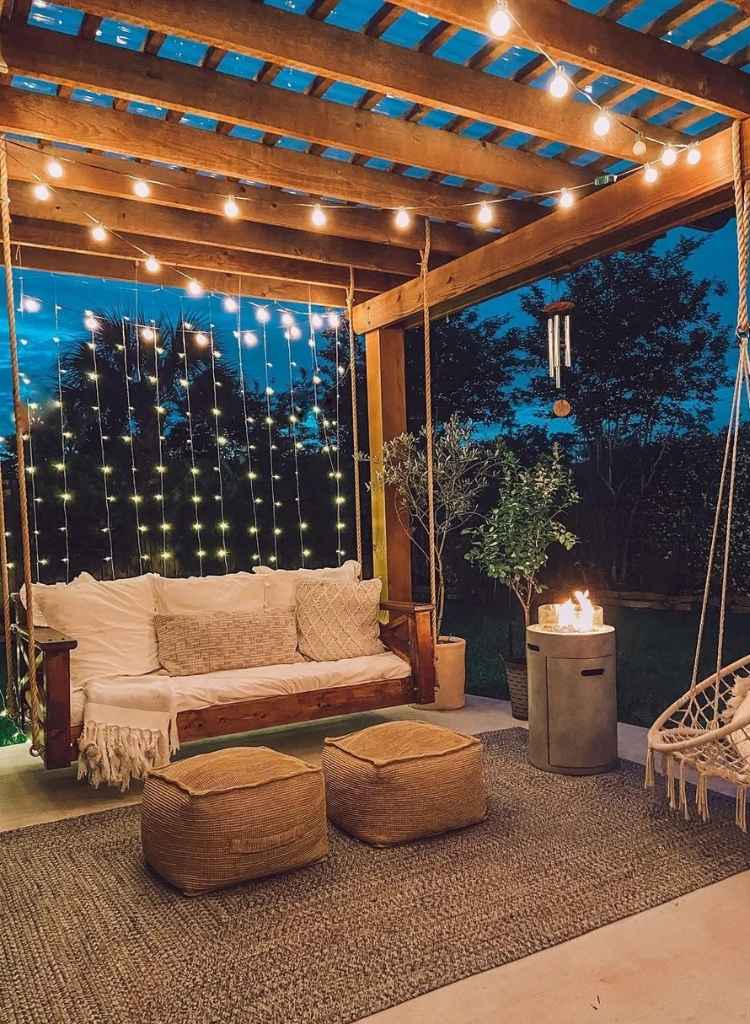 Pergola Swing with Fairy Light Backdrop