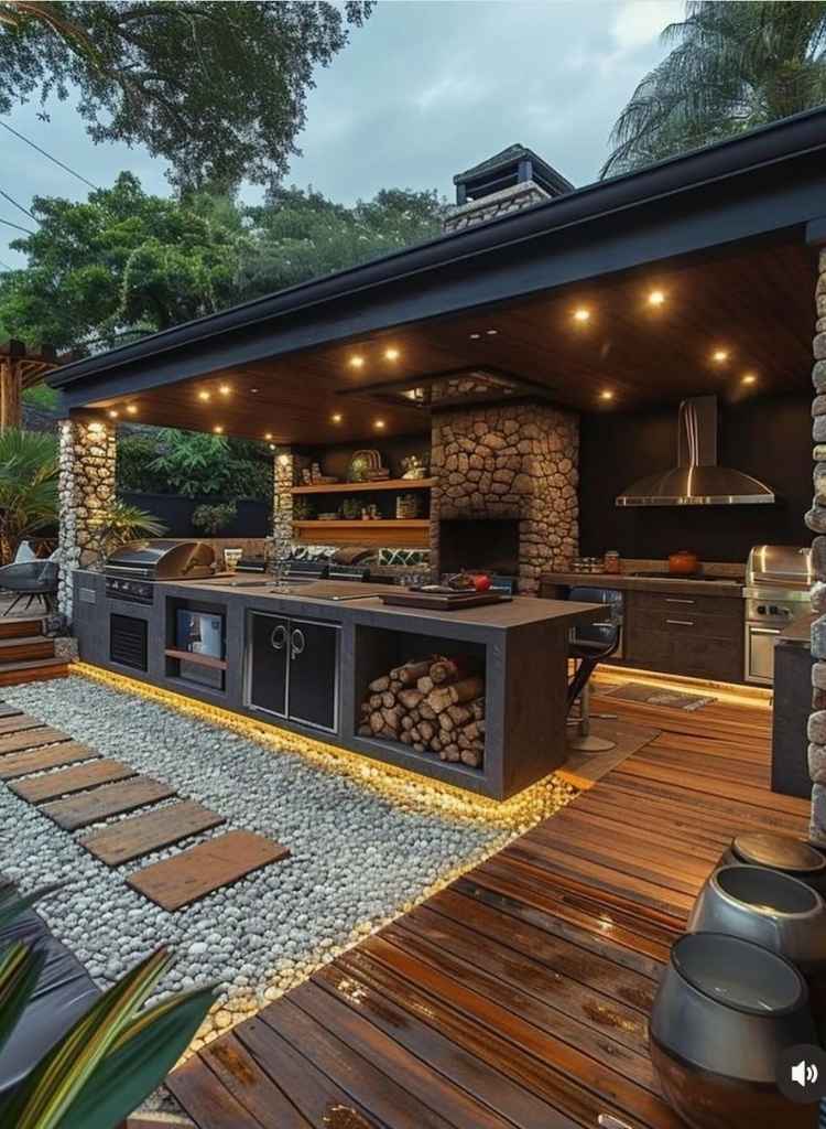 Rustic Kitchen Fireplace Wood Deck