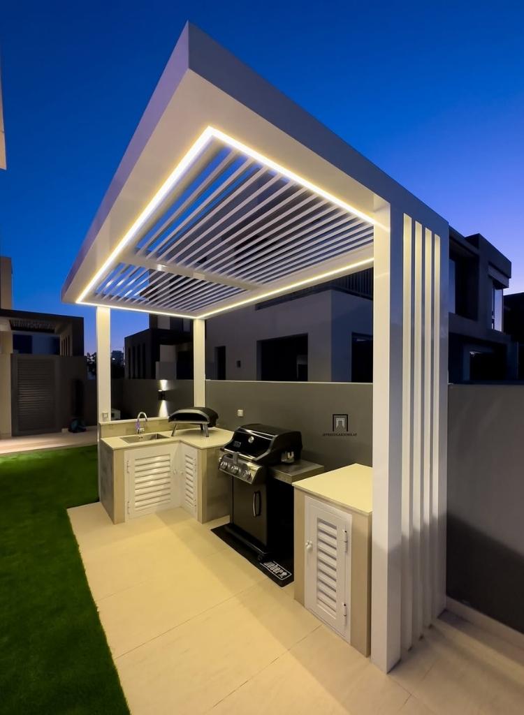 Sleek LED Pergola Grill Retreat