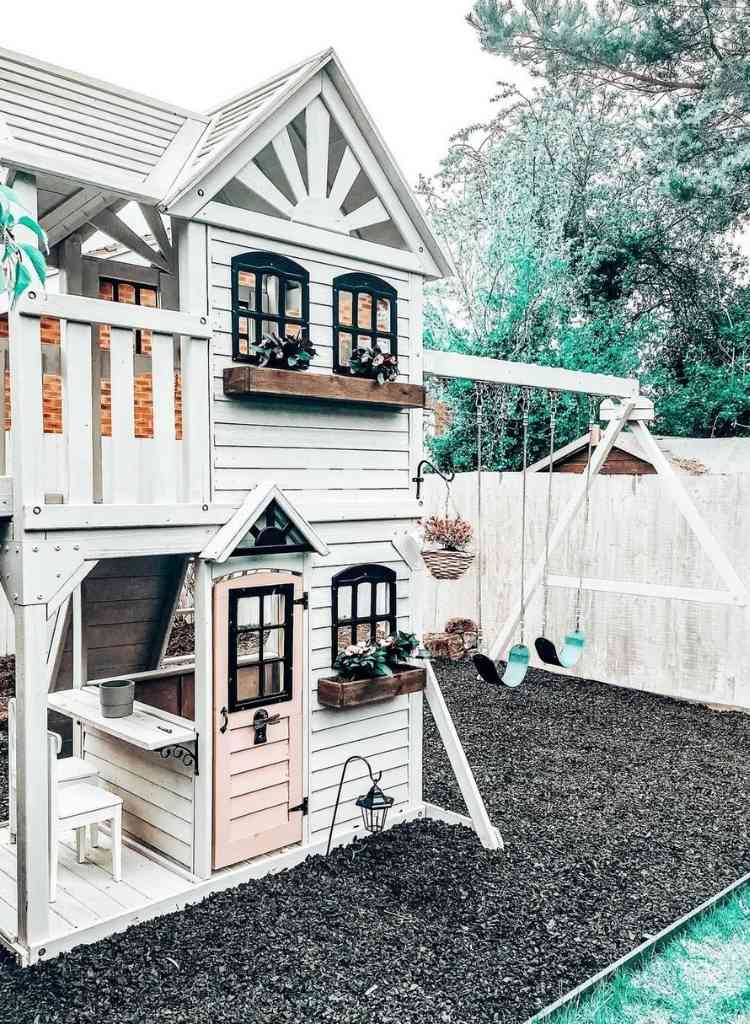 Two Story Farmhouse Kids Playhouse Swing Set