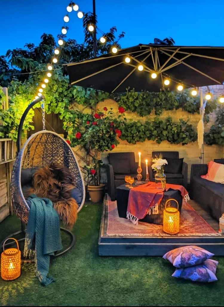 Warm String Light Lounge in a Tiny Garden