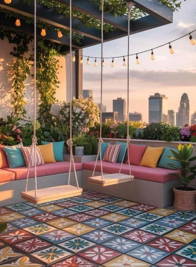 Colorful Rooftop Terrace Swing Seating