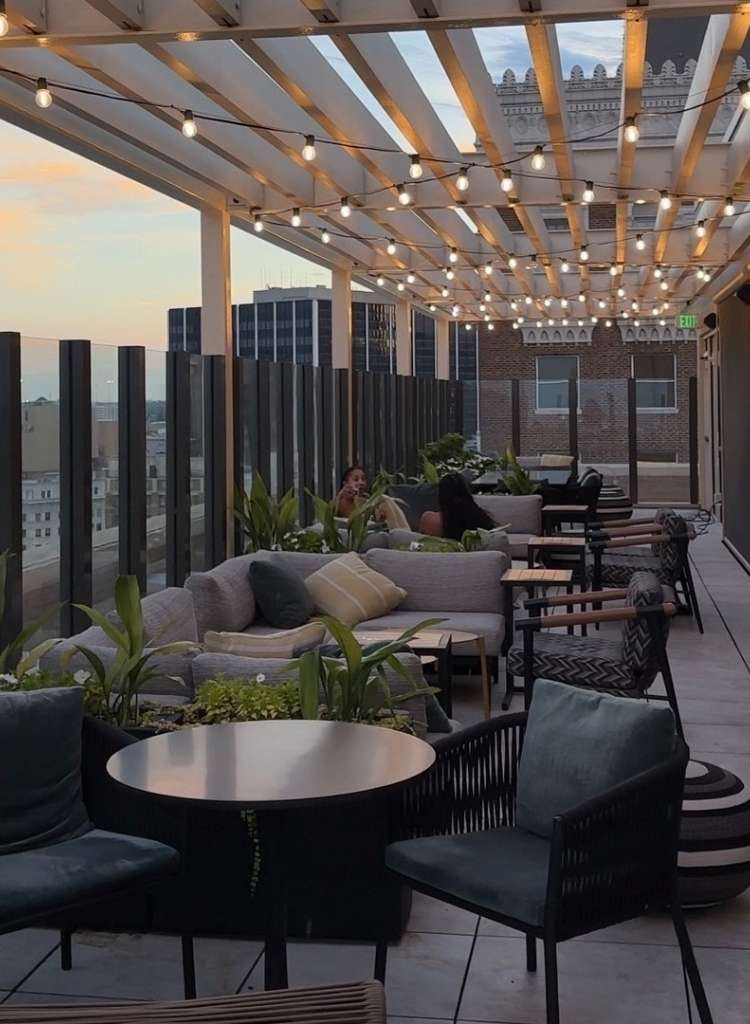 Rooftop Bar Terrace with String Light Pergola