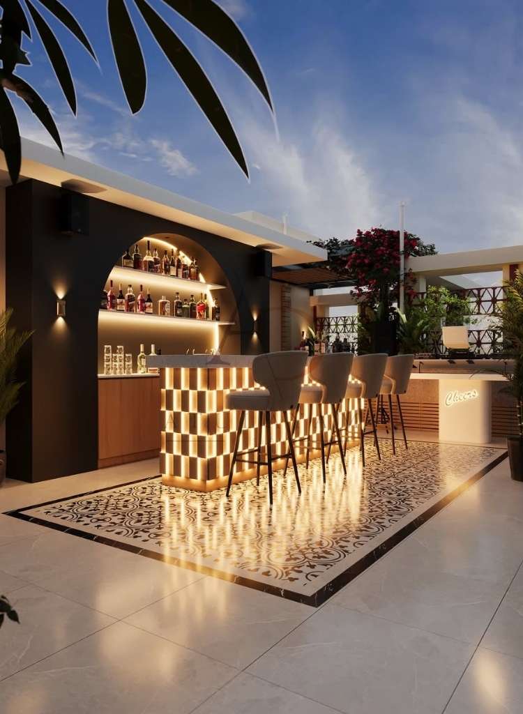 Rooftop Bar with Illuminated Checker Counter