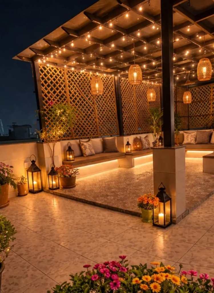 Rooftop Terrace with String Lights 