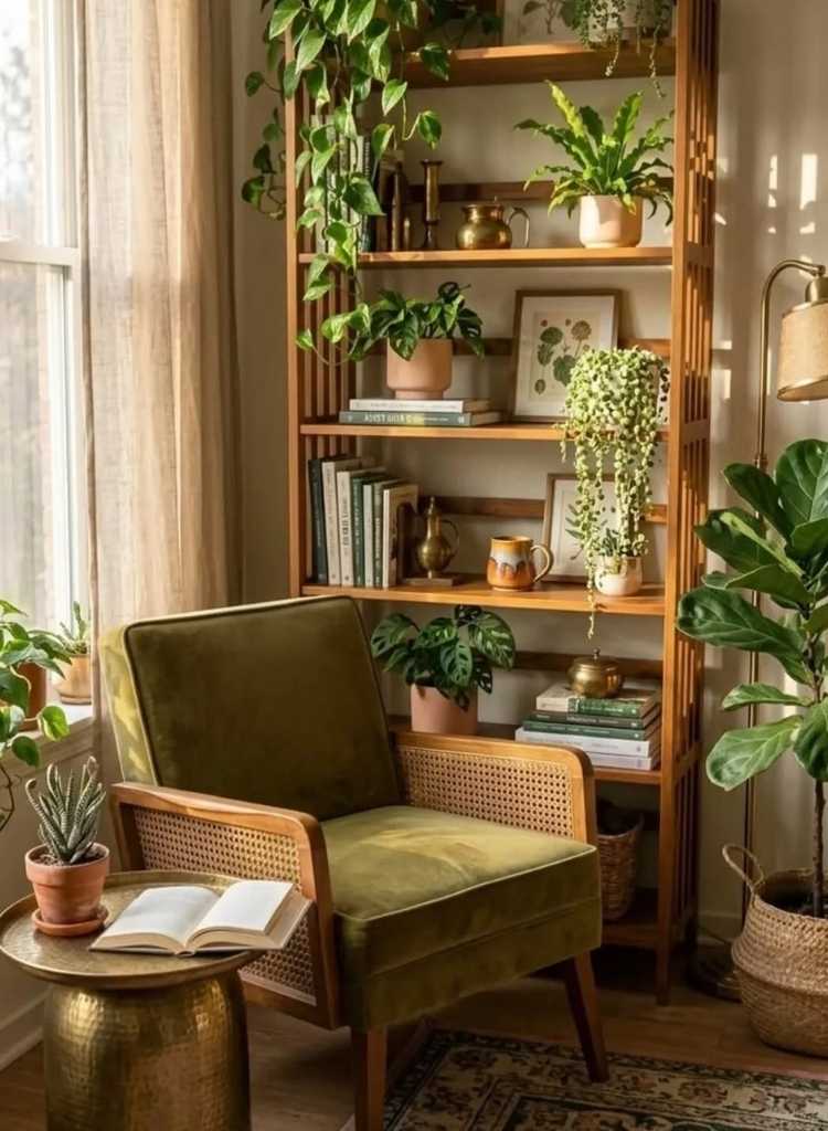 Boho Wooden Bookshelf with Indoor Plants