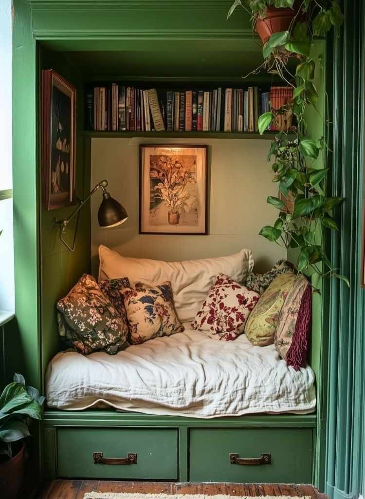 Cozy Green Corner Bookshelf Reading Nook