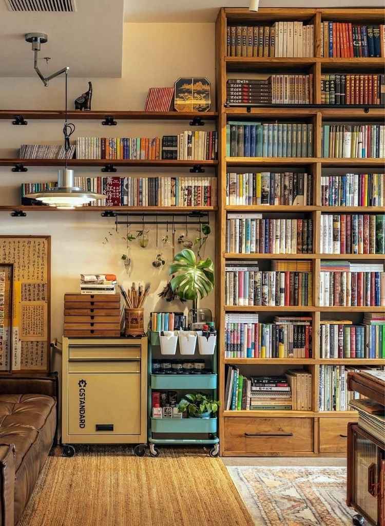 Floor-to-Ceiling Wooden Corner Bookshelf