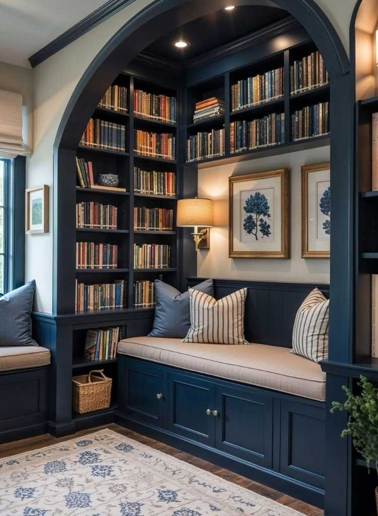 Navy Blue Built-In Corner Bookshelf with Window Seat