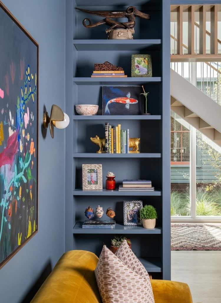 Navy Built-In Corner Bookshelf with Decorative Display
